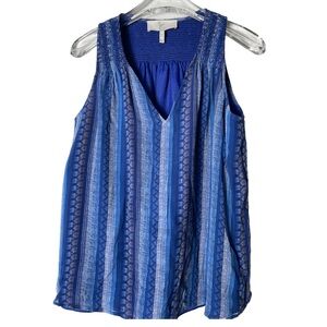 Joie Silk Sleeveless V Neck Lined Smocked Blouse Blue Tribal Stripes Size S